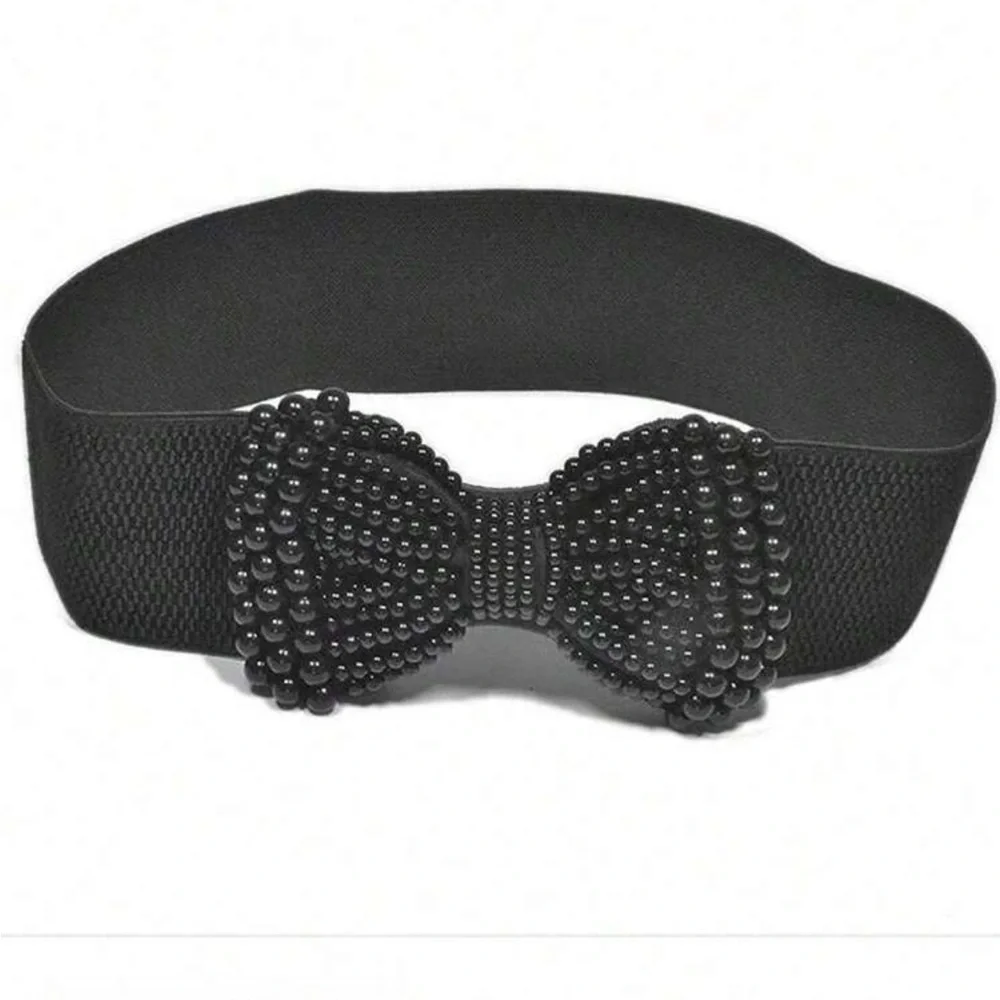Black Pearl Beaded Bow Waist Belt Dress